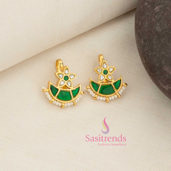 Graceful white-green 24K Jadau Kundan floral bugadi half moon earcuff earrings with delicate pearl touches, perfect for temple visits, spiritual ceremonies, and calm ethnic wear - Sasitrends