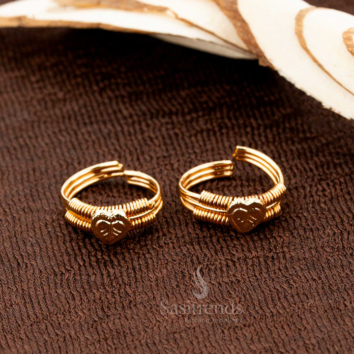 Adjustable wire-wrapped heart motif toe rings with micro gold plated finish and hanging beads – perfect for traditional Indian temple adornment - Sasitrends