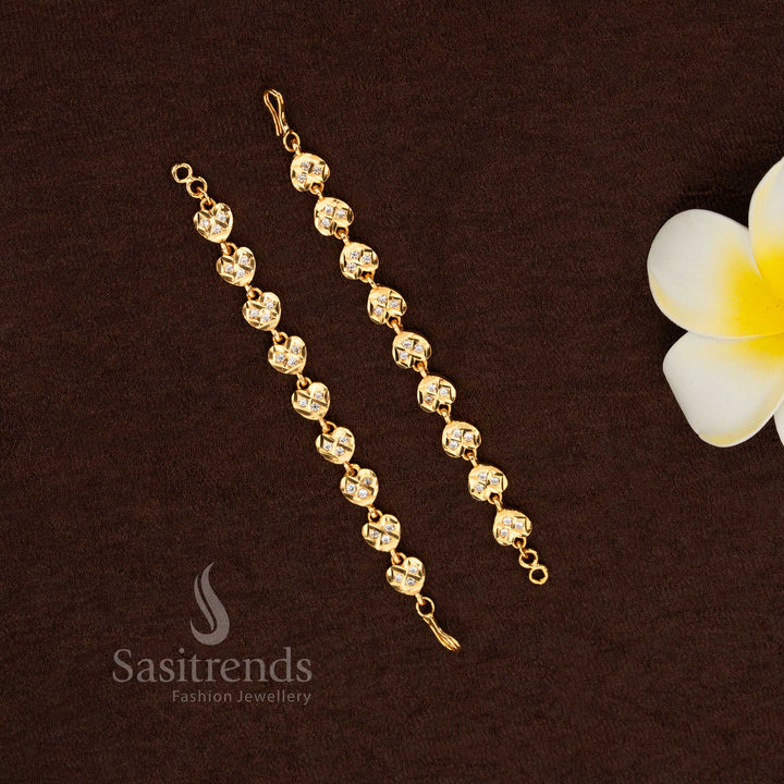 Ethereal bloom impon micro gold plated Panchaloga floral matil white with guaranteed shine perfect for temple rituals, bridal styling, and classical dance hair adornment – Sasitrends