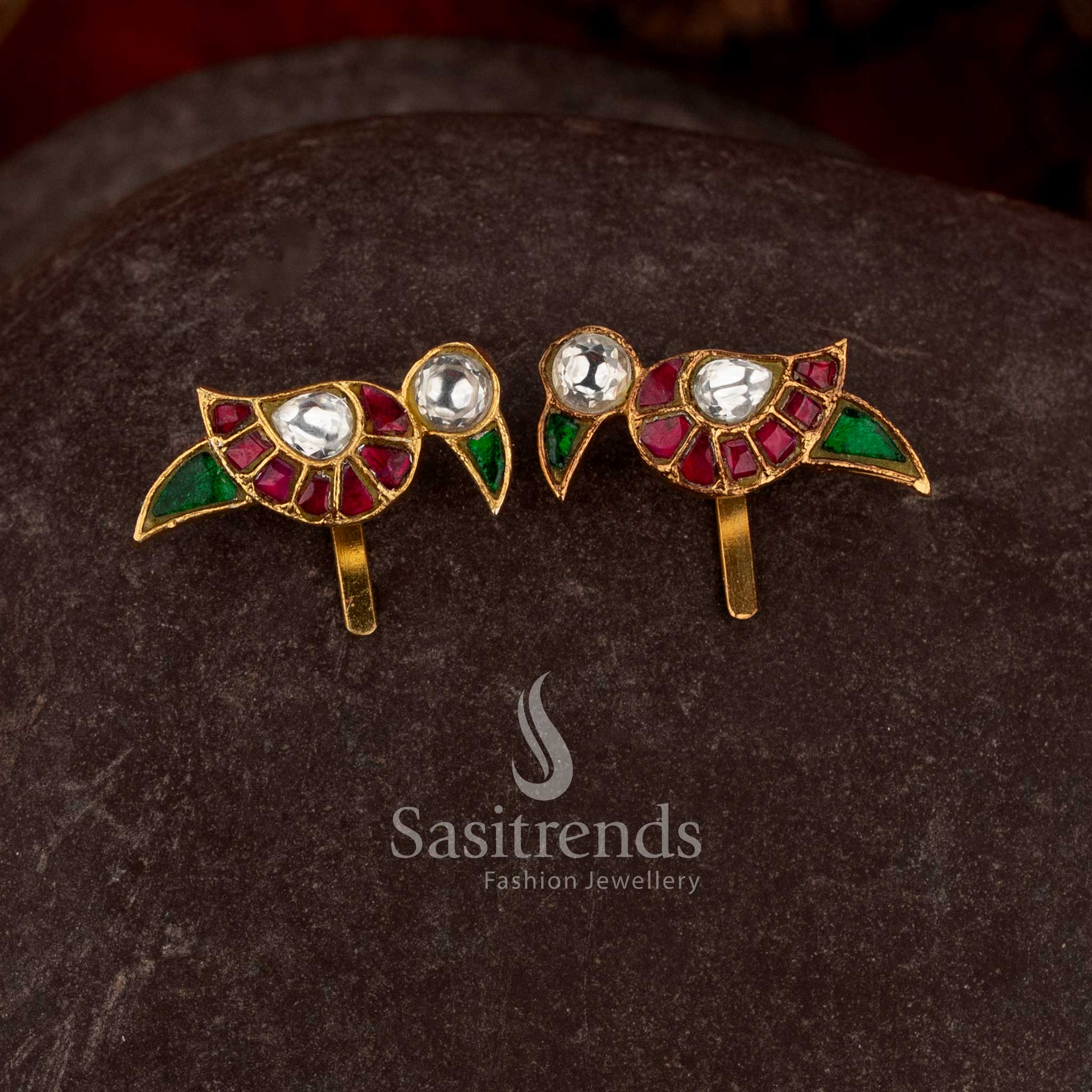 Vibrant multi jadau parrot motif bugadi earrings with colourful kundan stones for celebrations - Sasitrends