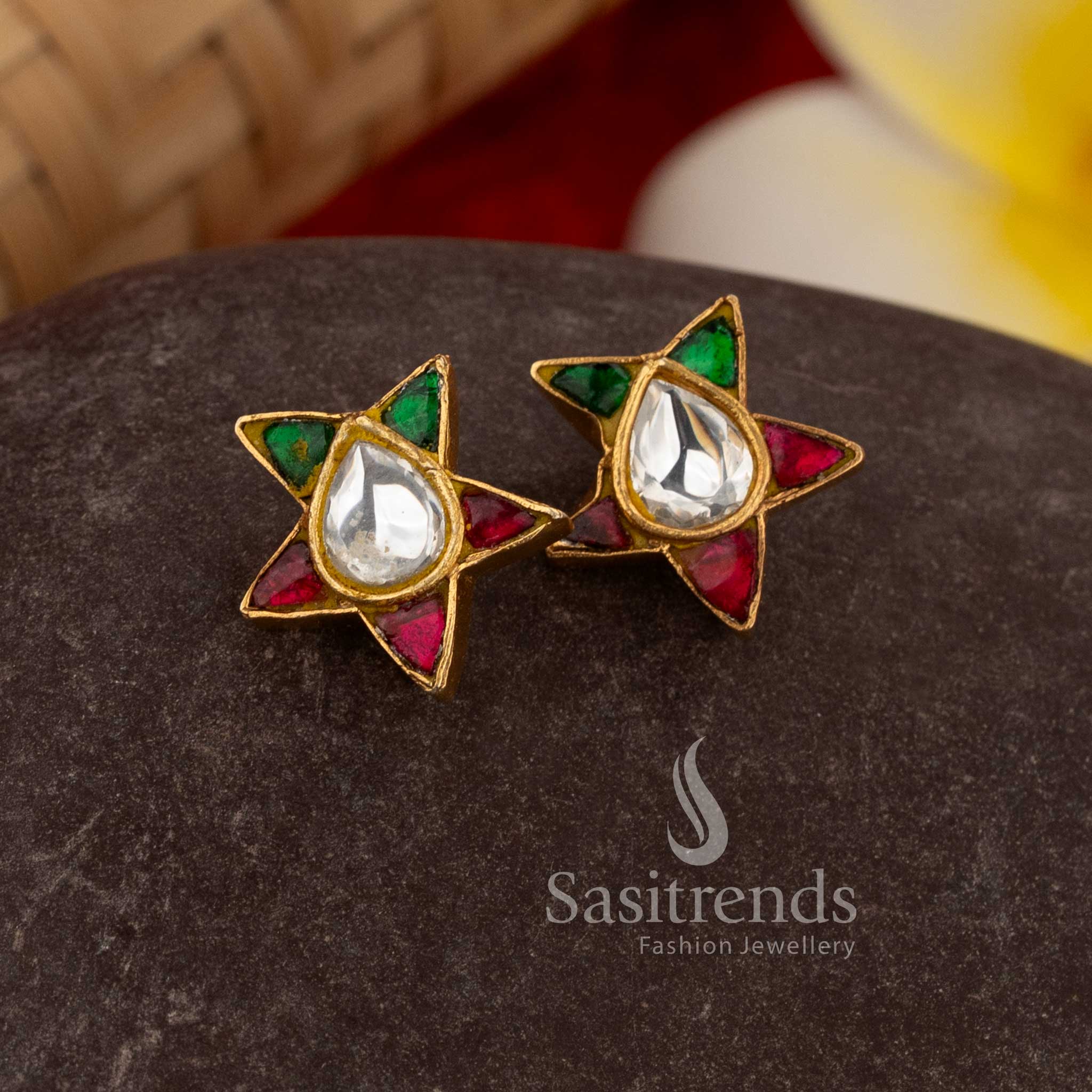 Vibrant multi jadau star motif bugadi earrings with colourful teardrop kundan stones pearls - Sasitrends