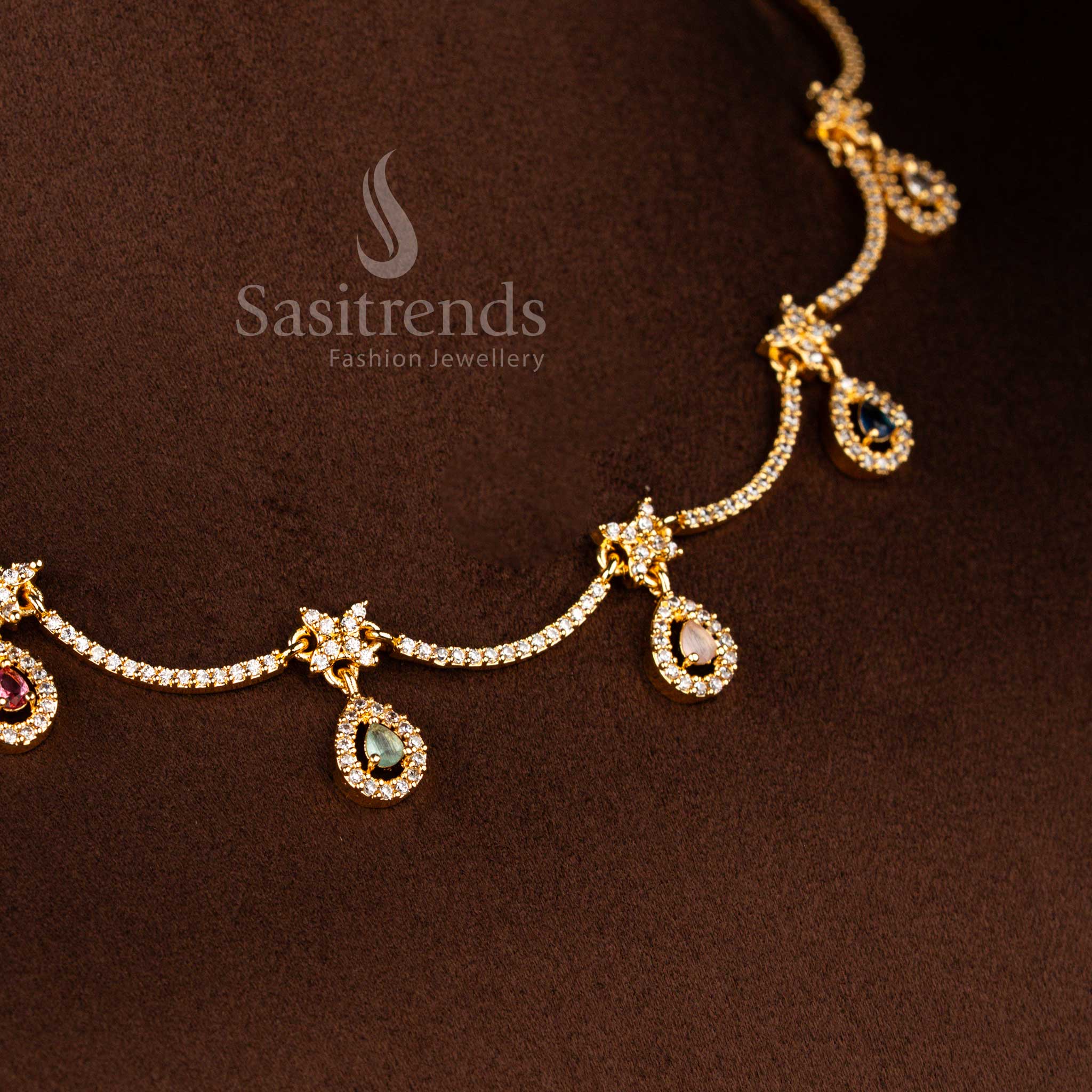 American diamond embellished scalloped teardrop necklace joined with rhombus floral patterns in radiant multi colour micro gold plating – Sasitrends