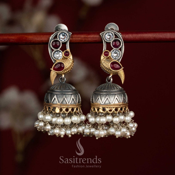 Dual tone oxidised 92.5 silver white ruby peacock Monalisa stone jhumka earrings with pearl hangings for festive jewellery - Sasitrends