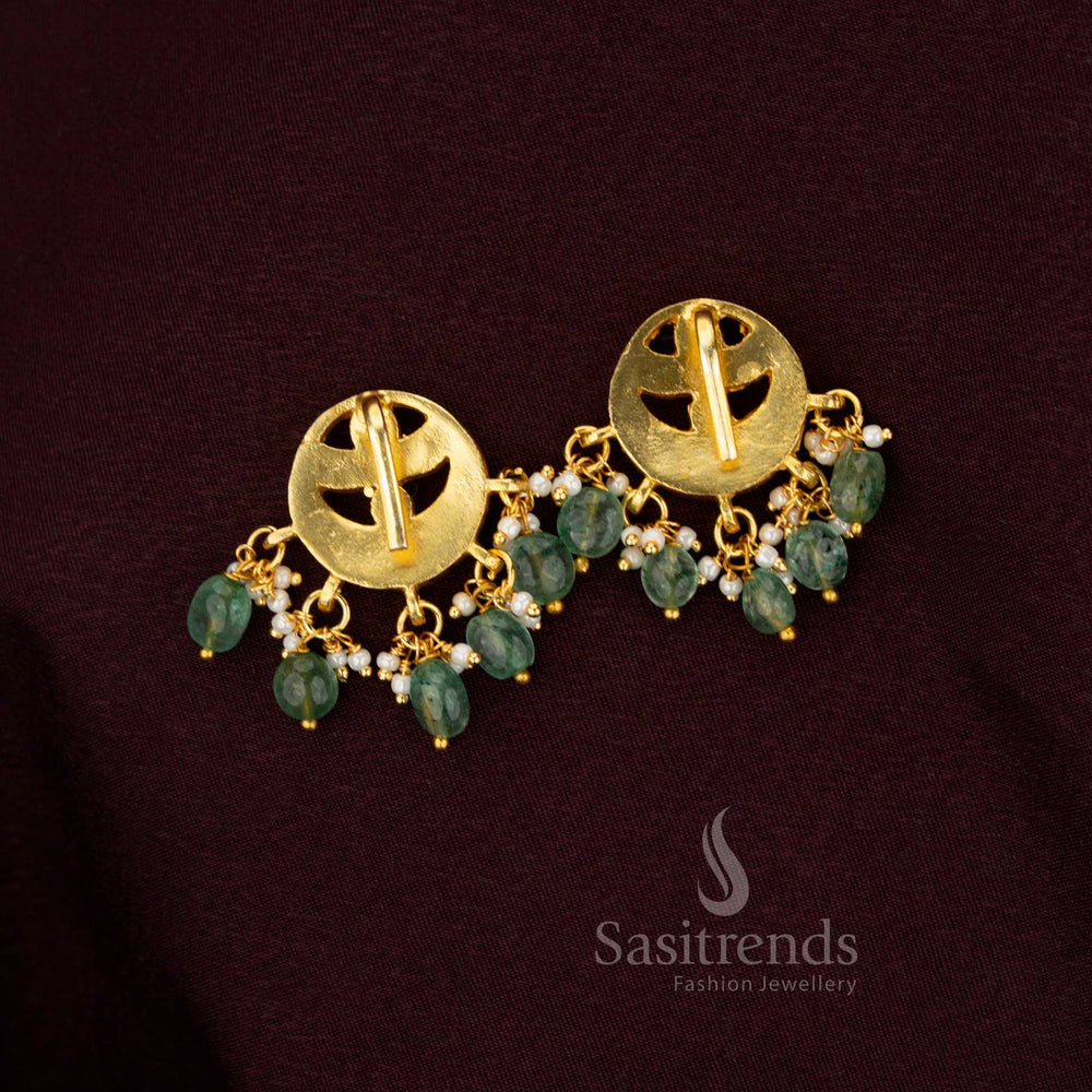 Opulent Multi Color Jadau Bugadi Earrings In Crescent Round Style Gold Plated With Kundan Stones Beads And Pearls By Sasitrends