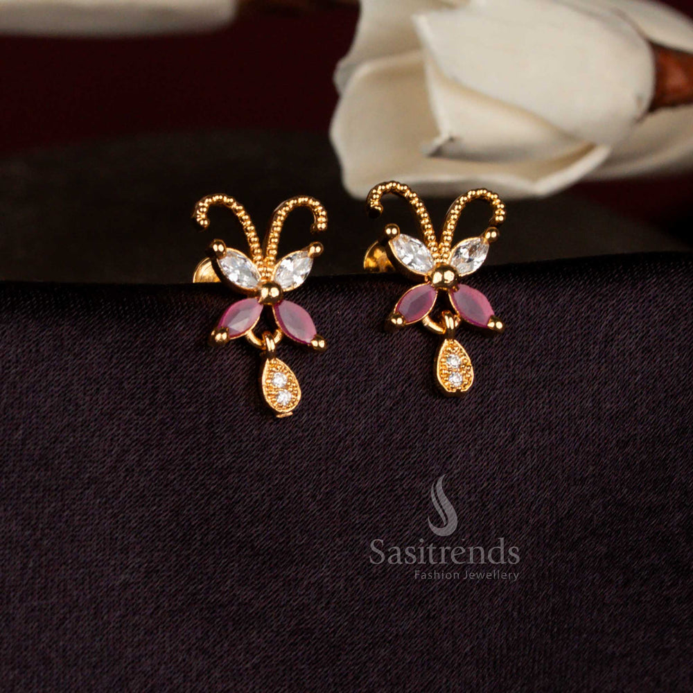 Royal charm white ruby American diamond micro gold plated butterfly dangle stud earrings ideal for festive functions, wedding celebrations, and stylish ethnic outings – Sasitrends