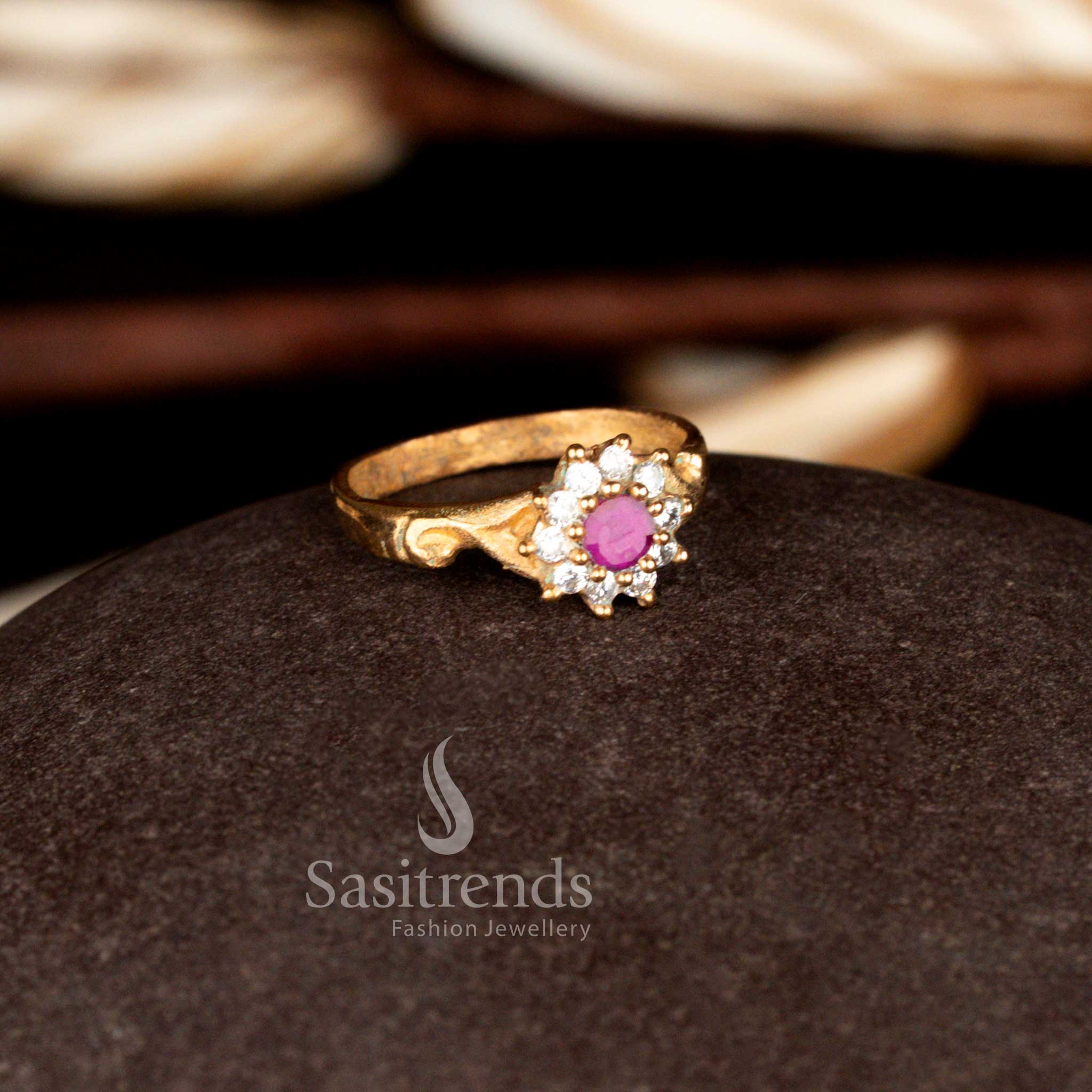Royal finish Impon Addigai micro gold plated panchalogam floral inspired ring with white ruby AD stones ideal for receptions, engagement ceremonies and traditional gatherings – Sasitrends