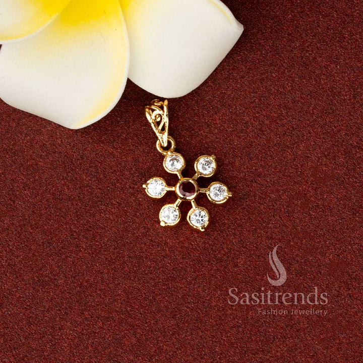 Dual-tone Impon panchaloha floral pendant in white-ruby detailing with radiant AD accents curated for exquisite festive saree looks and cultural gatherings – Sasitrends