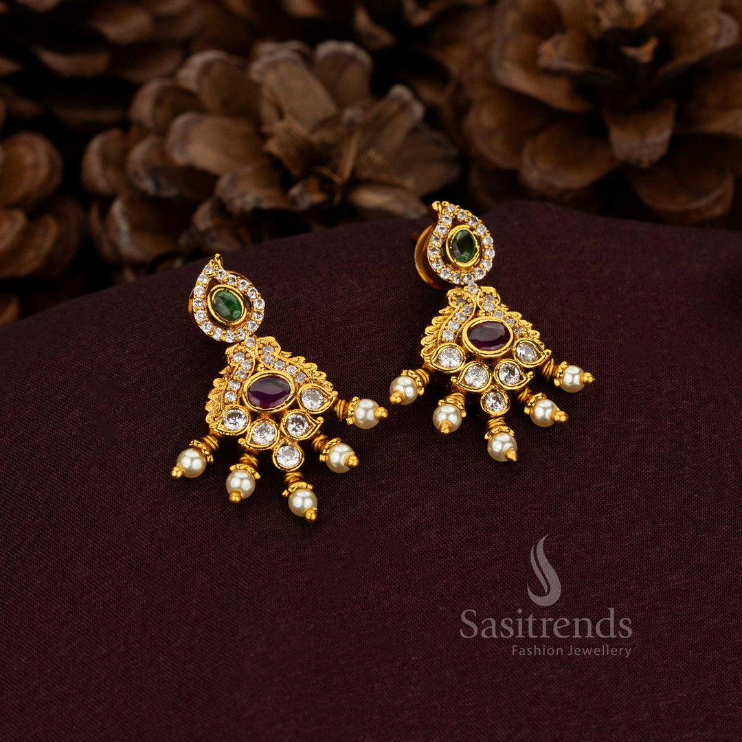 Celestial Multicolor Paisley Earrings Designed With Noble Matte Gold And Radiant Pearl Accents – Lavish Exquisite Jewellery For Timeless Weddings And Cultural Splendour – Sasitrends
