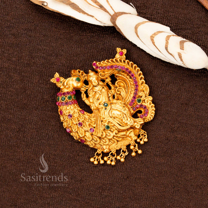 Traditional matte gold plated Lakshmi pendant with dual peacock motif and perfectly, a true symbol of temple grandeur – Sasitrends