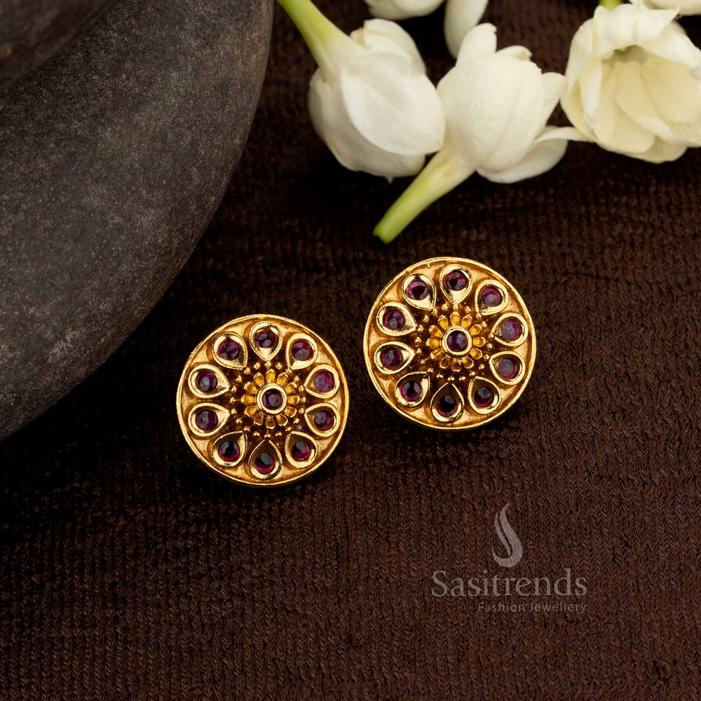 Regal Ruby Stud Earrings With Matte Gold Polish And American Diamond – Opulent Jewellery Designed For Weddings Temple Festivities And Royal Grace – Sasitrends