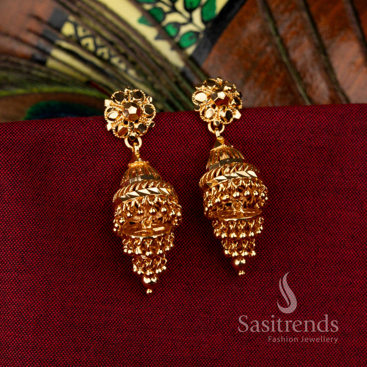 Radiant Micro Gold Plated Three Layer Jhumka Earrings with Temple Craft, Stunning Festive Jewellery – Sasitrends