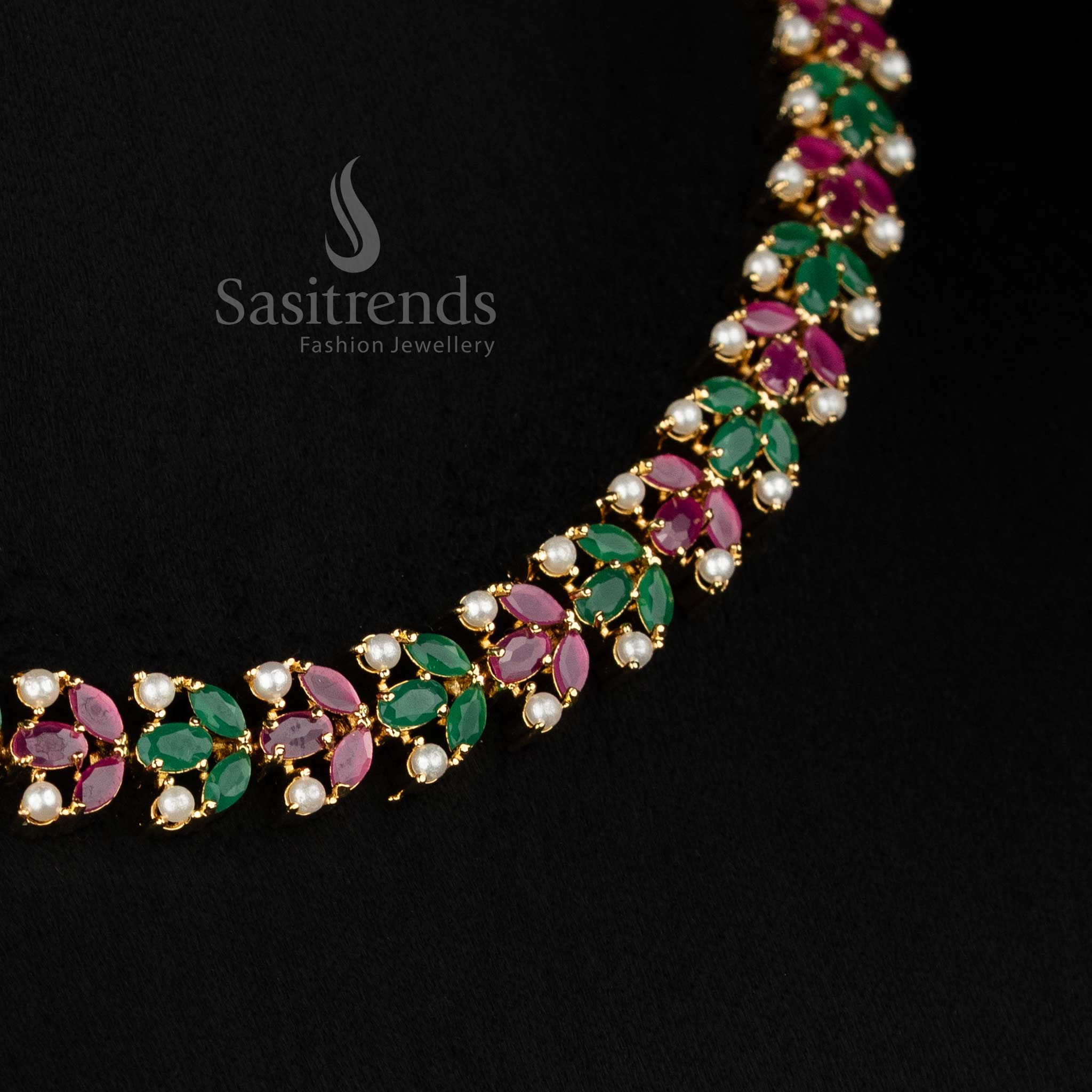 Opaline styled micro gold plated ruby green crescent teardrop round AD necklace set paired with pearl accents for ethnic styling-Sasitrends