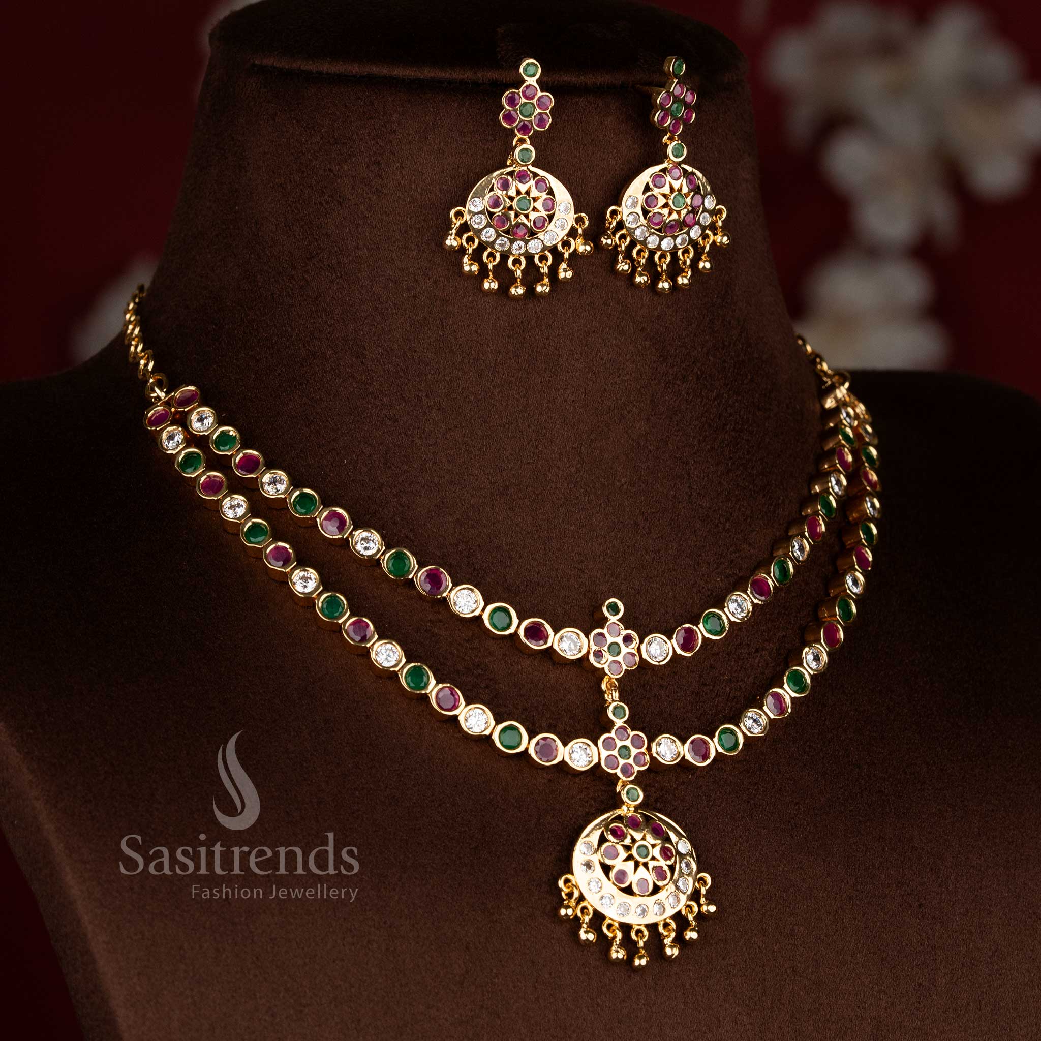 Majestic festive multi micro gold plated round stone crescent floral tiered attigai necklace for traditional charm jewellery - Sasitrends