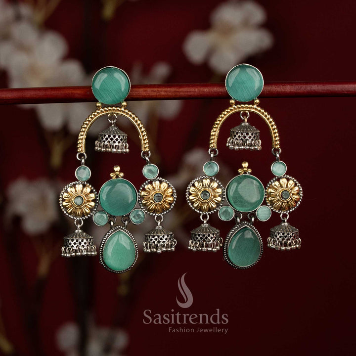 Elegant Dual Tone Antique Oxidised 92.5 Silver Plated Monalisa Stone Floral Chandelier Jhumka Earrings with Multi Dome Drops