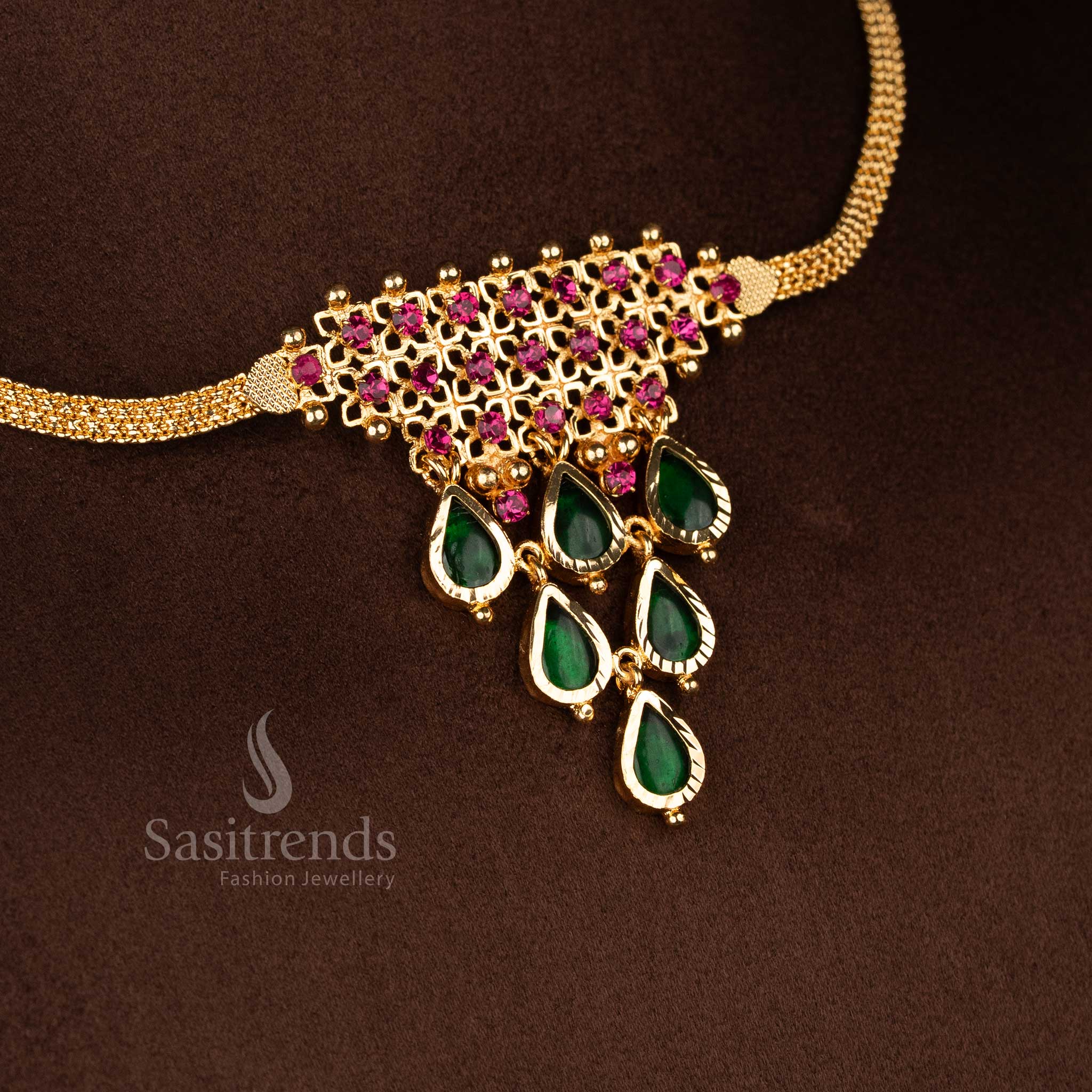 Sacred ethnic ruby green Palakka micro gold plated grapes teardrop AD stone necklace for cultural - festive - traditional luxury jewellery - Sasitrends