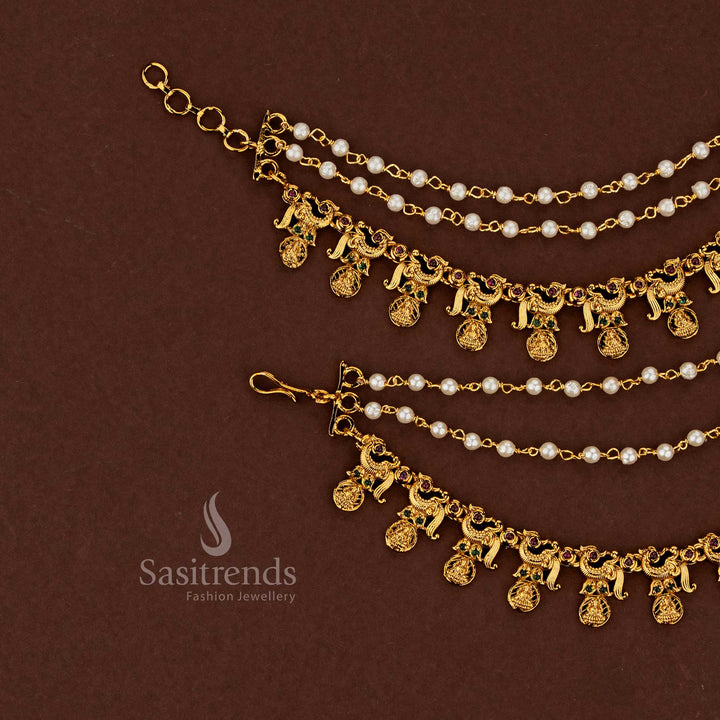 Dynasty inspired peacock Lakshmi design temple matte gold plated American diamond matils studded with ruby and green accents enhanced by soft pearl glow for traditional kalyana styling - Sasitrends