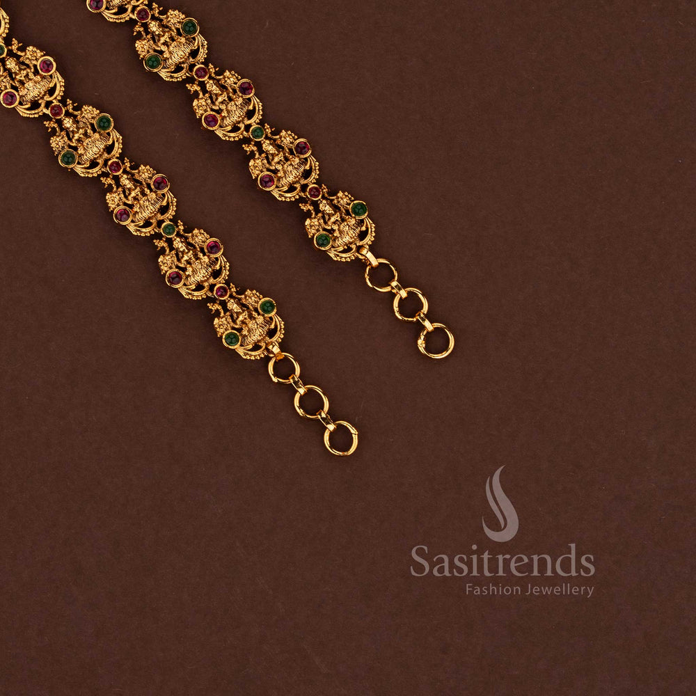 Premium temple matte gold plated Lakshmi motif matil ear chain suitable for wedding festive ethnic wear ruby green - Sasitrends