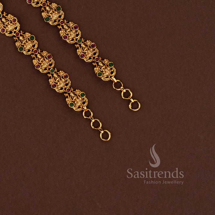 Premium temple matte gold plated Lakshmi motif matil ear chain suitable for wedding festive ethnic wear ruby green - Sasitrends