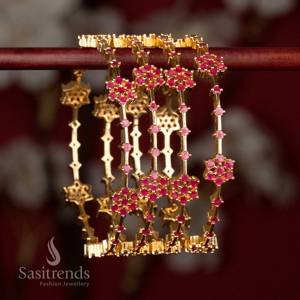 Regal ruby floral motif American diamond traditional bangles set in 1 gram micro gold plating for graceful festive styling – Sasitrends
