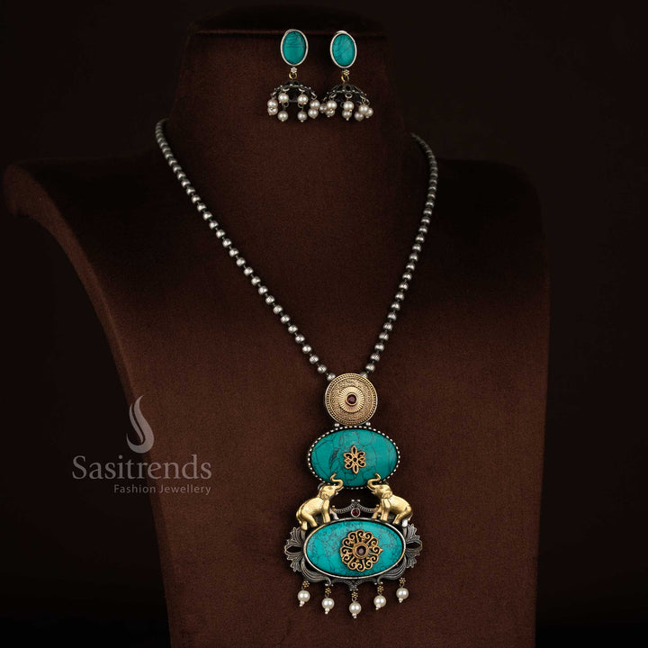 Elegant antique oxidised 92.5 silver plated turquoise blue Monalisa stone elephant motif pendant long necklace with pearl danglers for ethnic jewellery - Sasitrends