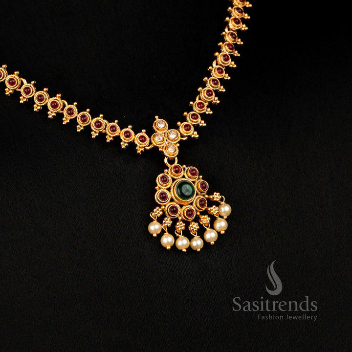 Festive Temple Matte Gold Plated Circular Stone Floral Pearl Ruby Green Necklace Set Jewellery – Sasitrends
