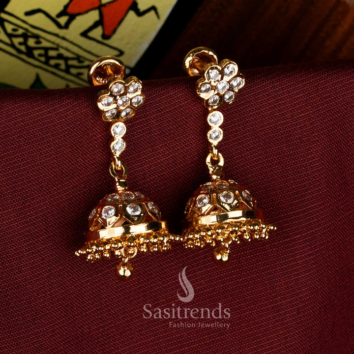Classic white impon addigai micro gold plated floral screw type jhumka earrings perfect for ethnic occasions - Sasitrends