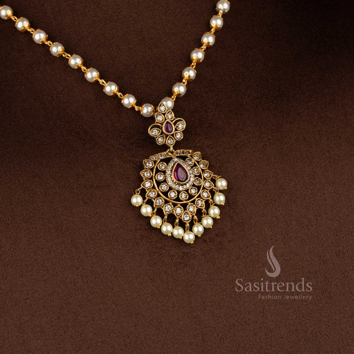 Traditional white ruby temple matte gold plated floral chandbali pearl garland AD necklace ideal for festive family functions and classical attire – Sasitrends
