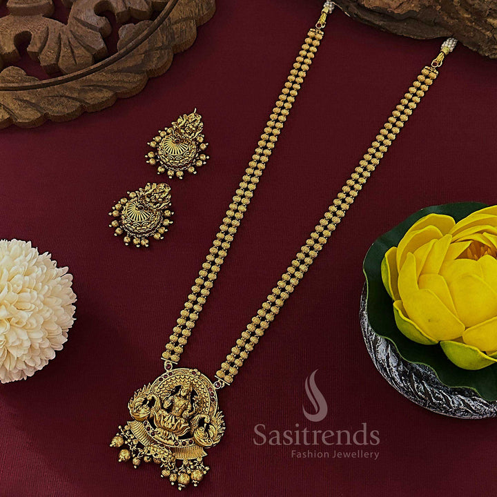 Bridal Matte Gold Plated Lakshmi Peacock Pendant Two Layer Bead Long Set with Jhumkas - Latest Jewellery Set