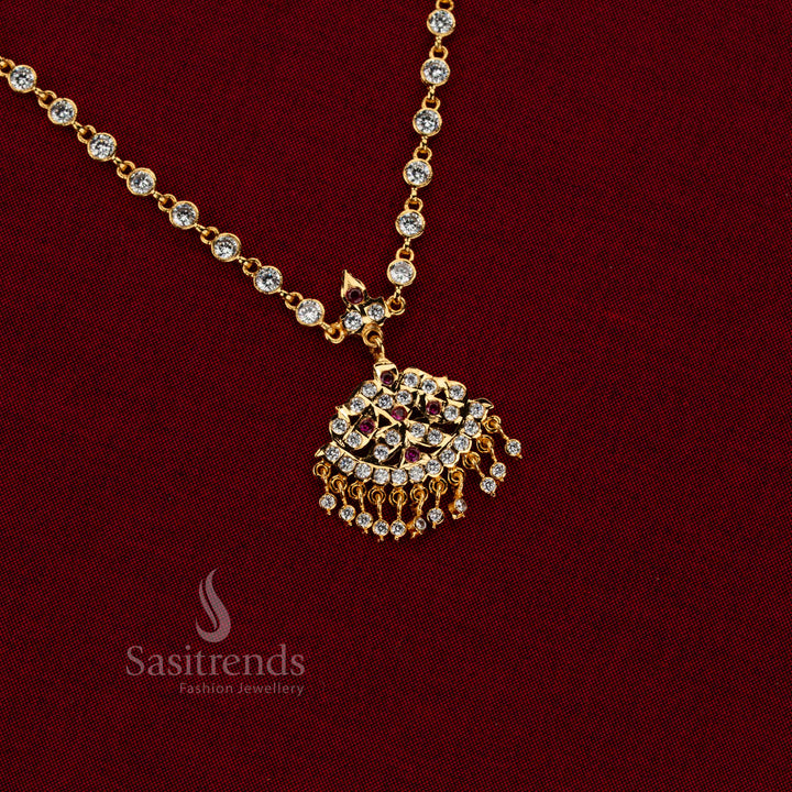 Crimson glow impon attigai micro gold plated leaf flared AD stone linked chain necklace white ruby perfect for weddings and temple functions – Sasitrends