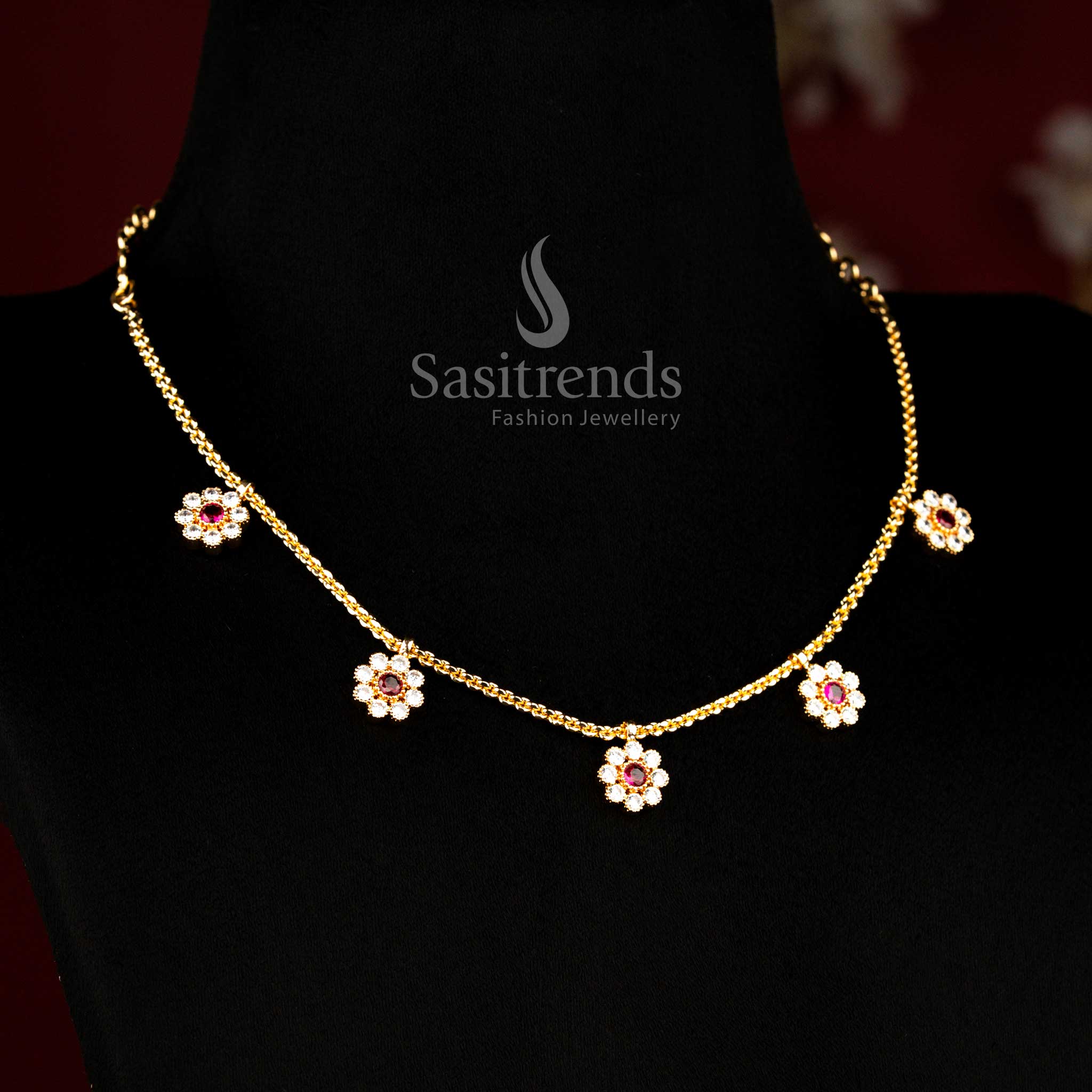 Majestic Impon Addigai necklace featuring white ruby floral round AD stone artistry with rich micro gold plated brilliance – Sasitrends