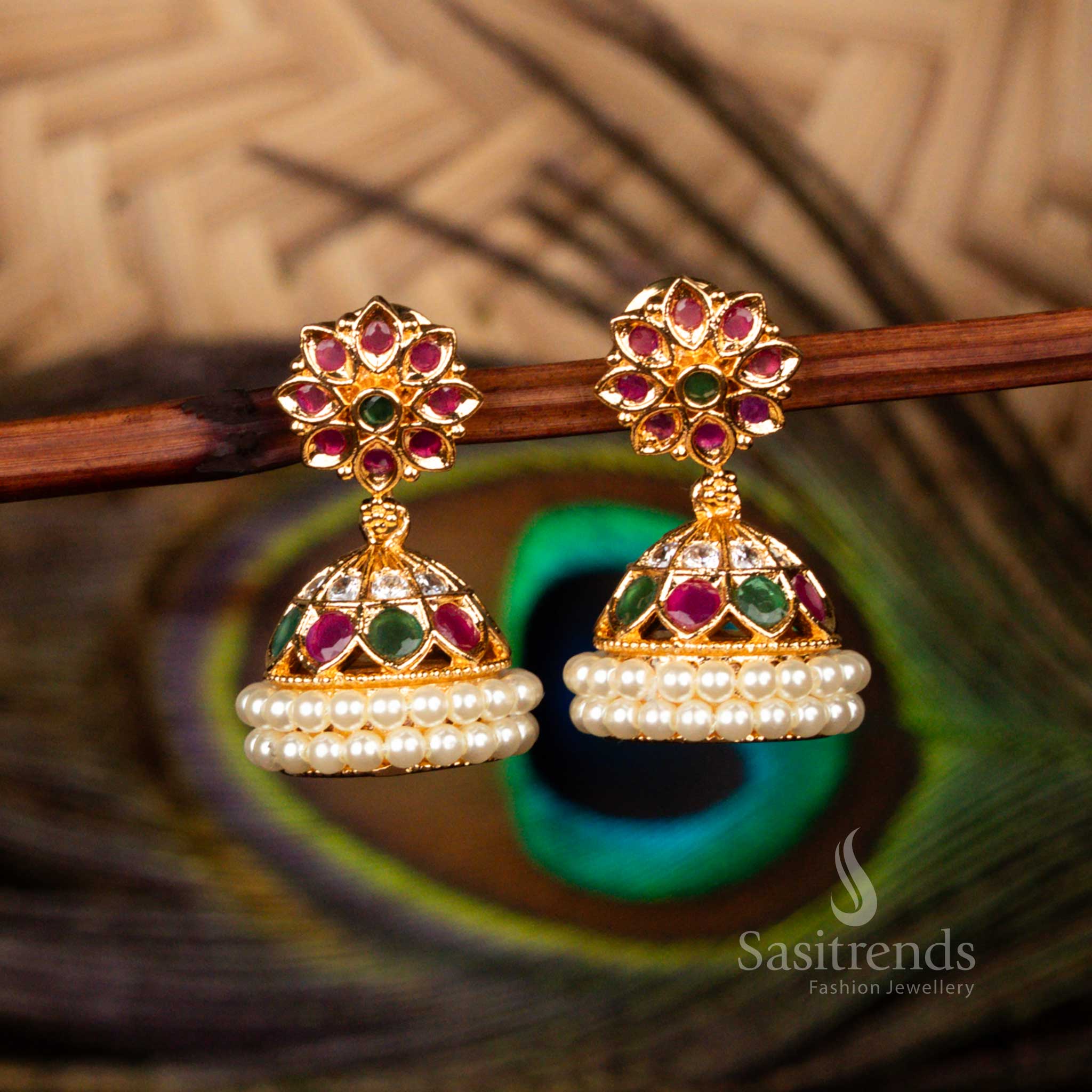 Royal micro gold plated guaranteed ad stone floral dome pearl earrings in multi color for bridal and festive collections - Sasitrends