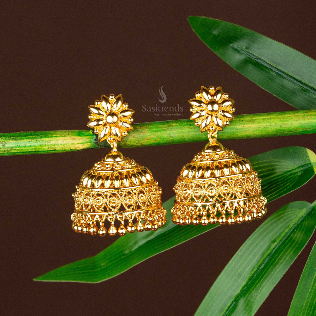 Elegant micro gold plated jhumka earrings featuring an intricate all-gold filigree design, ideal for festive functions and cultural occasions - Sasitrends