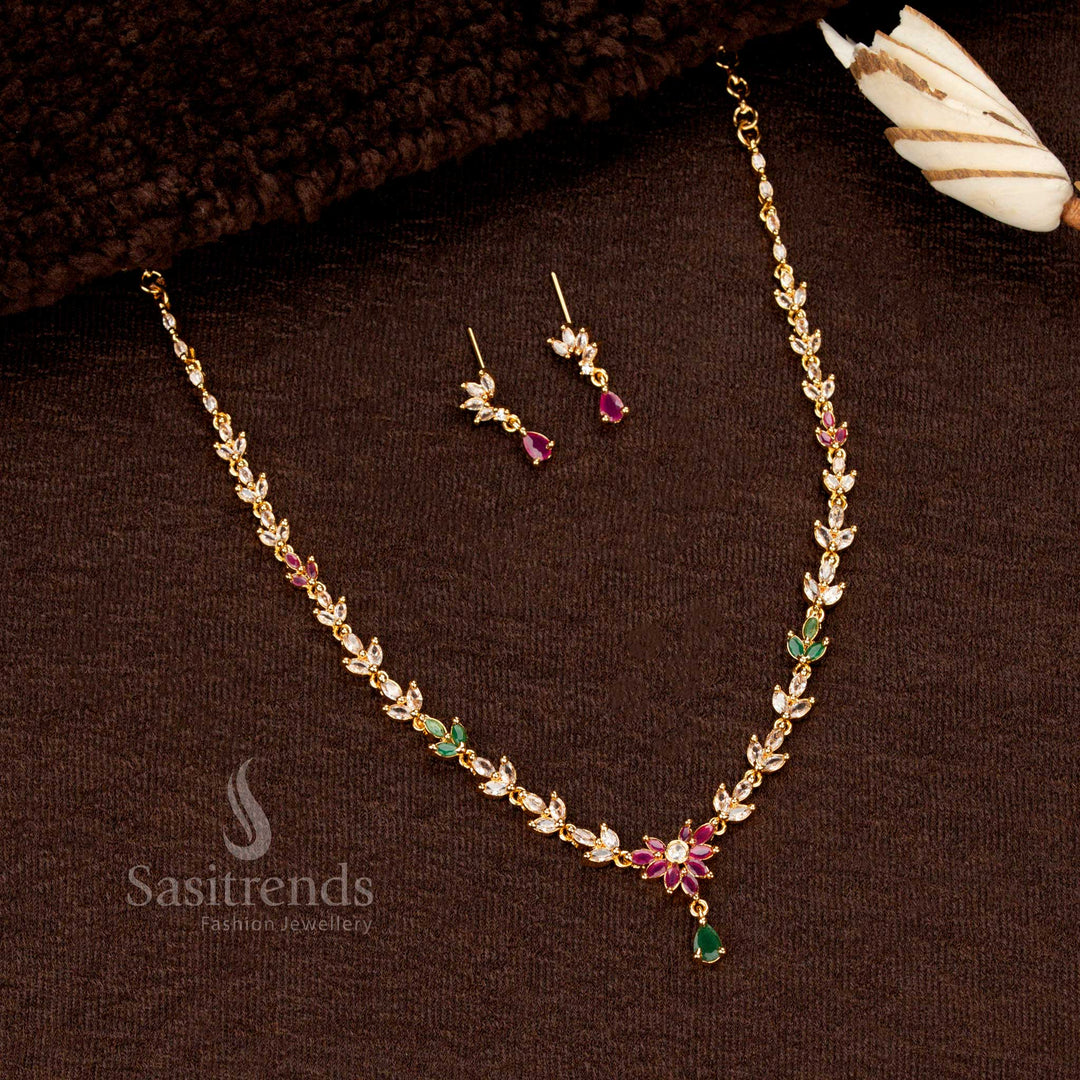 Stylish American Diamond Floral Necklace Set with Micro Gold Plating, Intricate Marquise Stone and Waterdrop Design, One Gram Jewellery for Saree Wear – Sasitrends