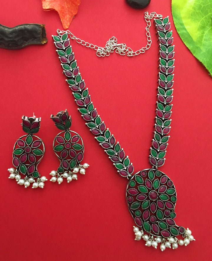 Elegant Mango Pendant Oxidised German Silver Pearl Necklace Jewellery Set - Sasitrends