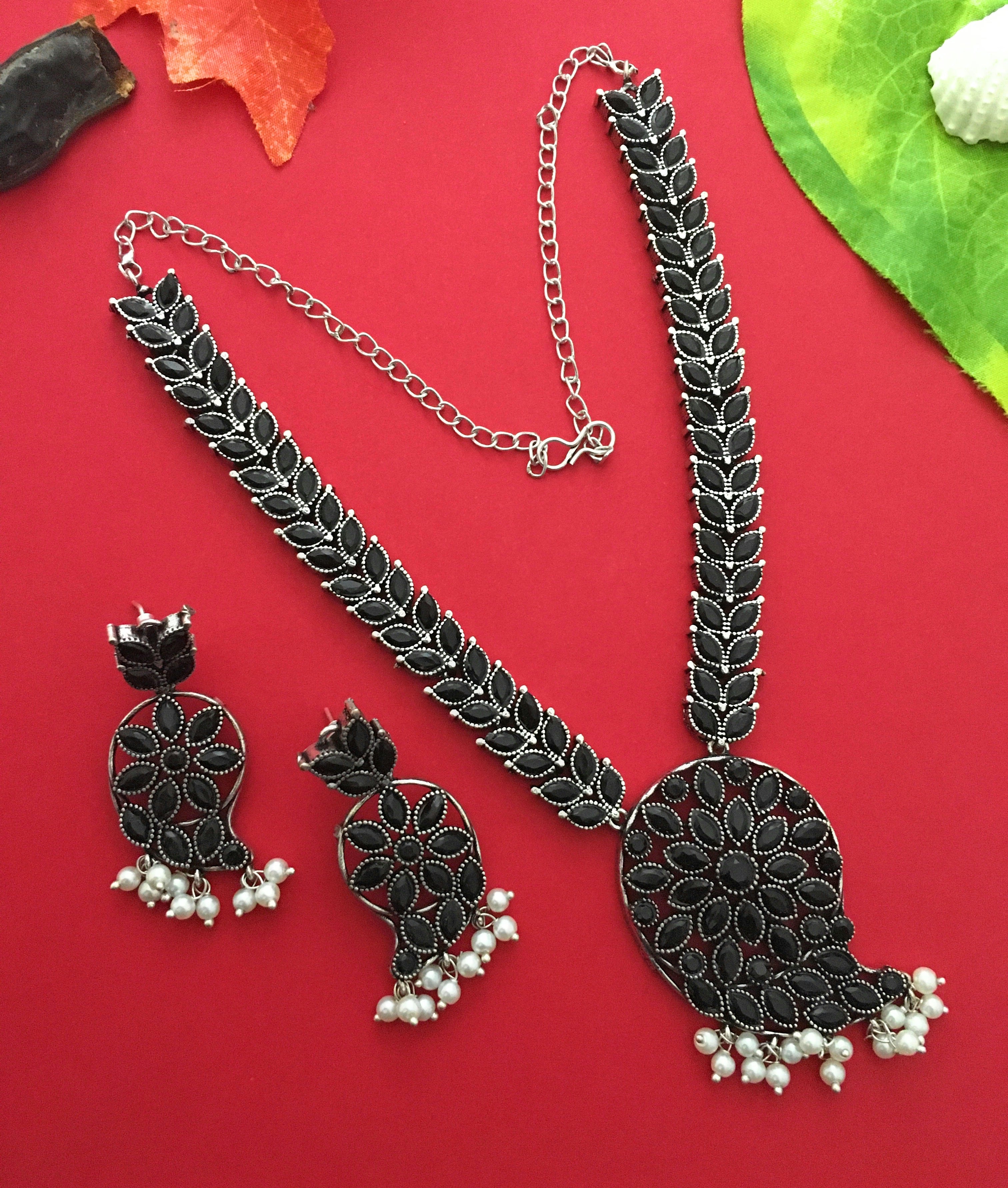 Elegant Mango Pendant Oxidised German Silver Pearl Necklace Jewellery Set - Sasitrends