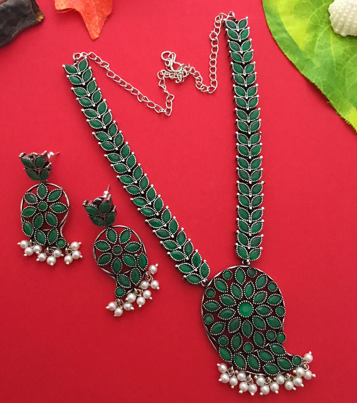 Elegant Mango Pendant Oxidised German Silver Pearl Necklace Jewellery Set - Sasitrends