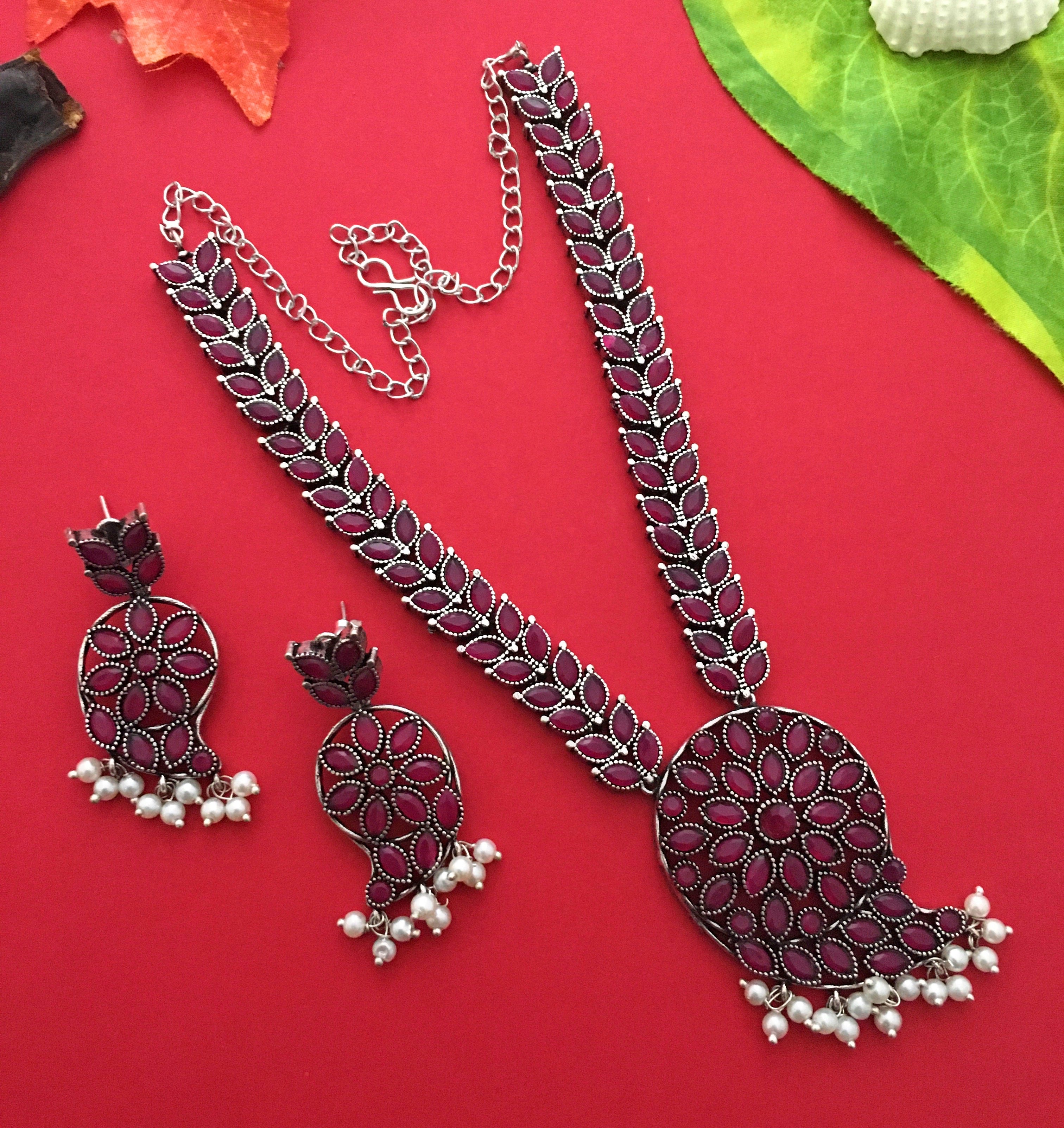 Elegant Mango Pendant Oxidised German Silver Pearl Necklace Jewellery Set - Sasitrends