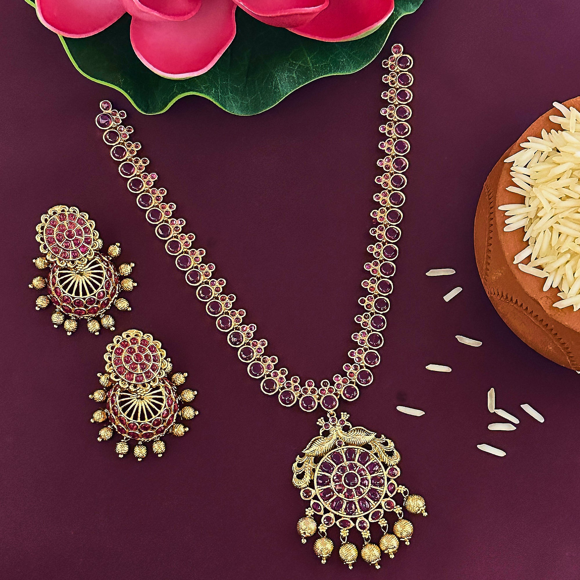 Traditional Floral Peacock Pendant Necklace - Matte Gold Plated with American Diamond Stones for Women