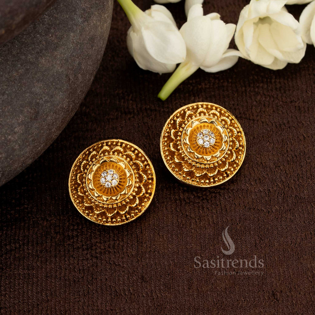 Regal White Stud Earrings Embellished With Gilded Matte Gold And Sparkling AD – Divine Heritage Jewellery Crafted For Celestial Elegance And Cultural Majesty – Sasitrends