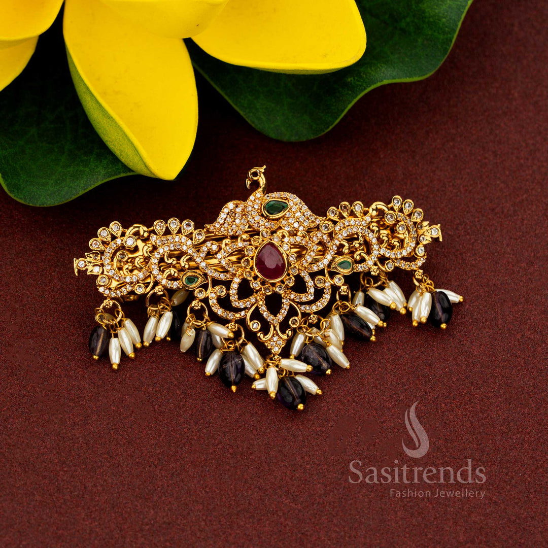 Opulent purple temple peacock floral hair clip adorned with eternal matte gold artistry grandiose teardrop AD stone brilliance sacred rice pearls and aristocratic beauty crafted for sovereign weddings – Sasitrends