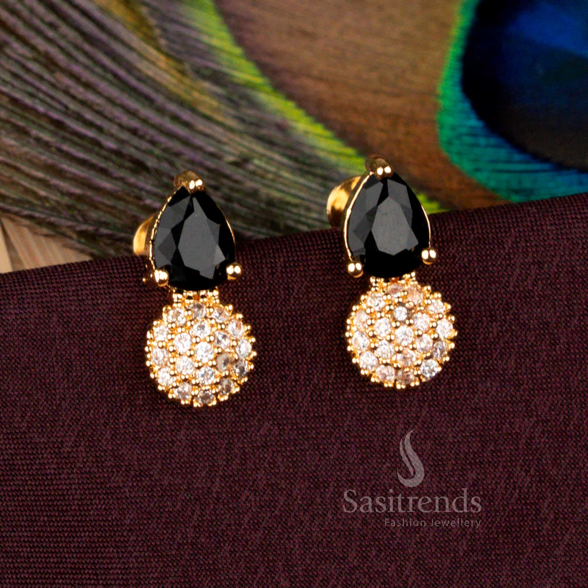Noble AD stud teardrop earrings plated in gold glowing with jet black finish for temple traditions - Sasitrends
