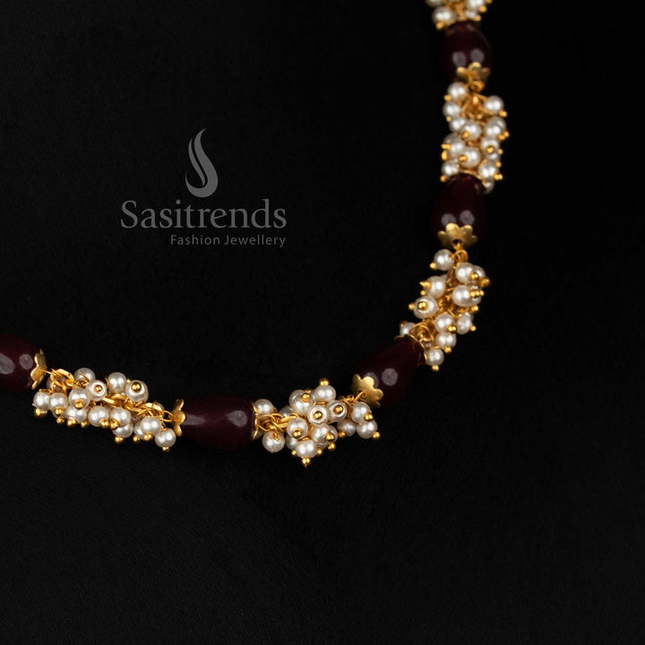 Opulent micro gold plated maroon beads pearl cluster mala necklace ideal for evening functions and ethnic wear-Sasitrends