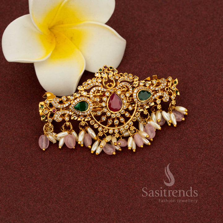 Gorgeous Matte Gold Plated Teardrop Floral AD Rice Pearl Multi-Color Hair Clip for Weddings