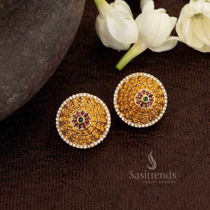 Opulent Round Matte Gold Plated AD Stud Earrings with Ornate Detailing – Best Suited for Cultural Celebrations – Sasitrends