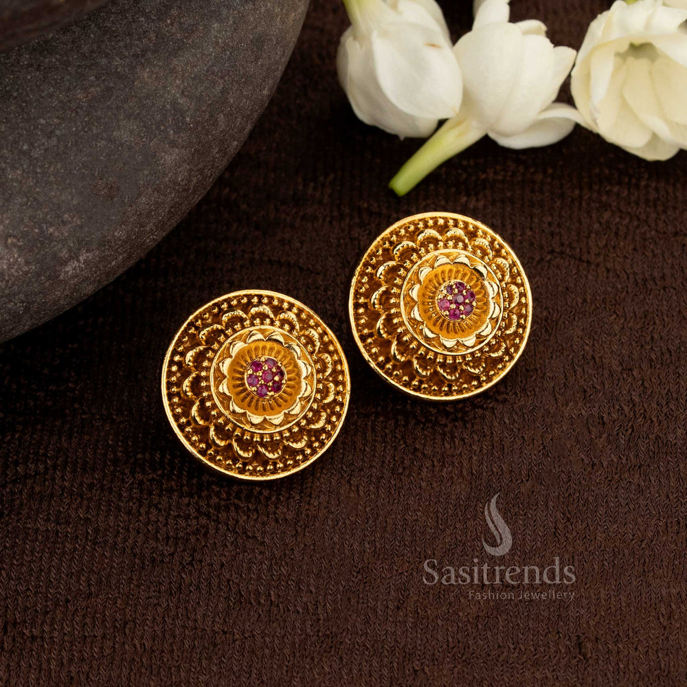 Aristocratic Ruby Stud Earrings In Matte Gold With AD Accents – Splendid Heritage Jewellery Celebrated For Regal Weddings And Timeless Traditions – Sasitrends