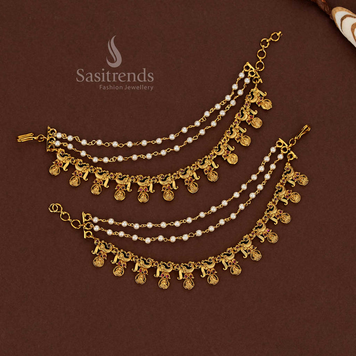 Kalyana inspired peacock Lakshmi temple matte gold plated American diamond matil ear chains glowing with ruby brilliance and delicate pearl accents for grand bridal attire - Sasitrends