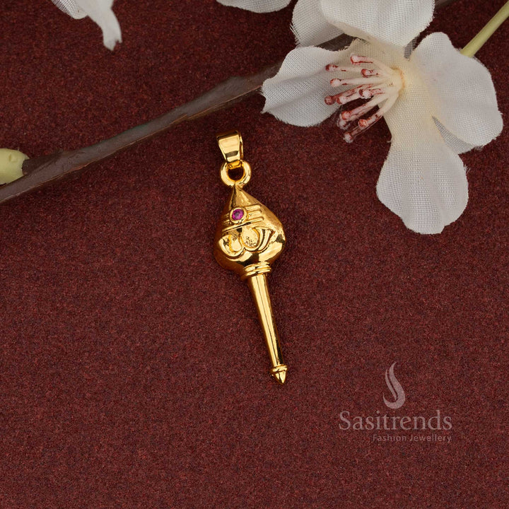 Opulent ruby shine guaranteed micro gold plated vel pendant enriched with artistic sacred detailing and dazzling AD stone luxury for an auspicious and graceful look - Sasitrends