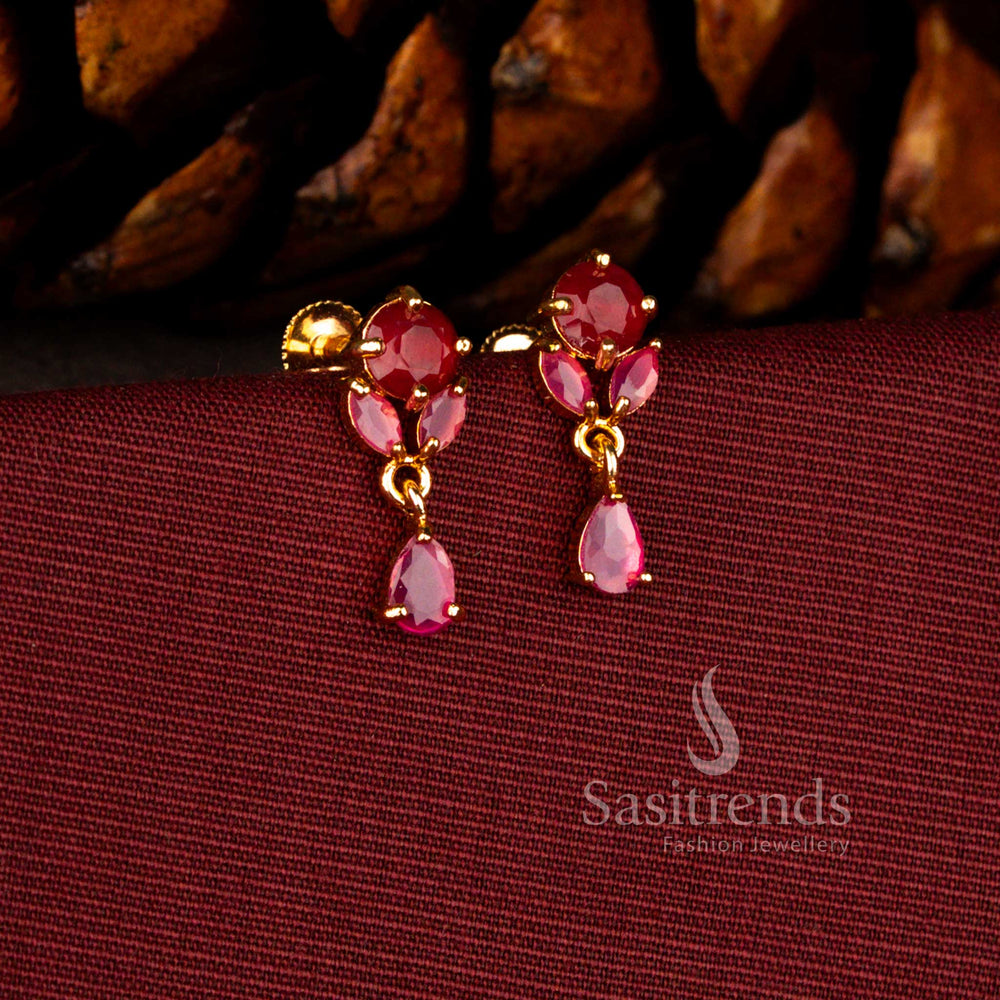 Regal 24K micro gold earrings in ruby showcasing floral round AD cluster with brilliant cut teardrop sparkle – Sasitrends