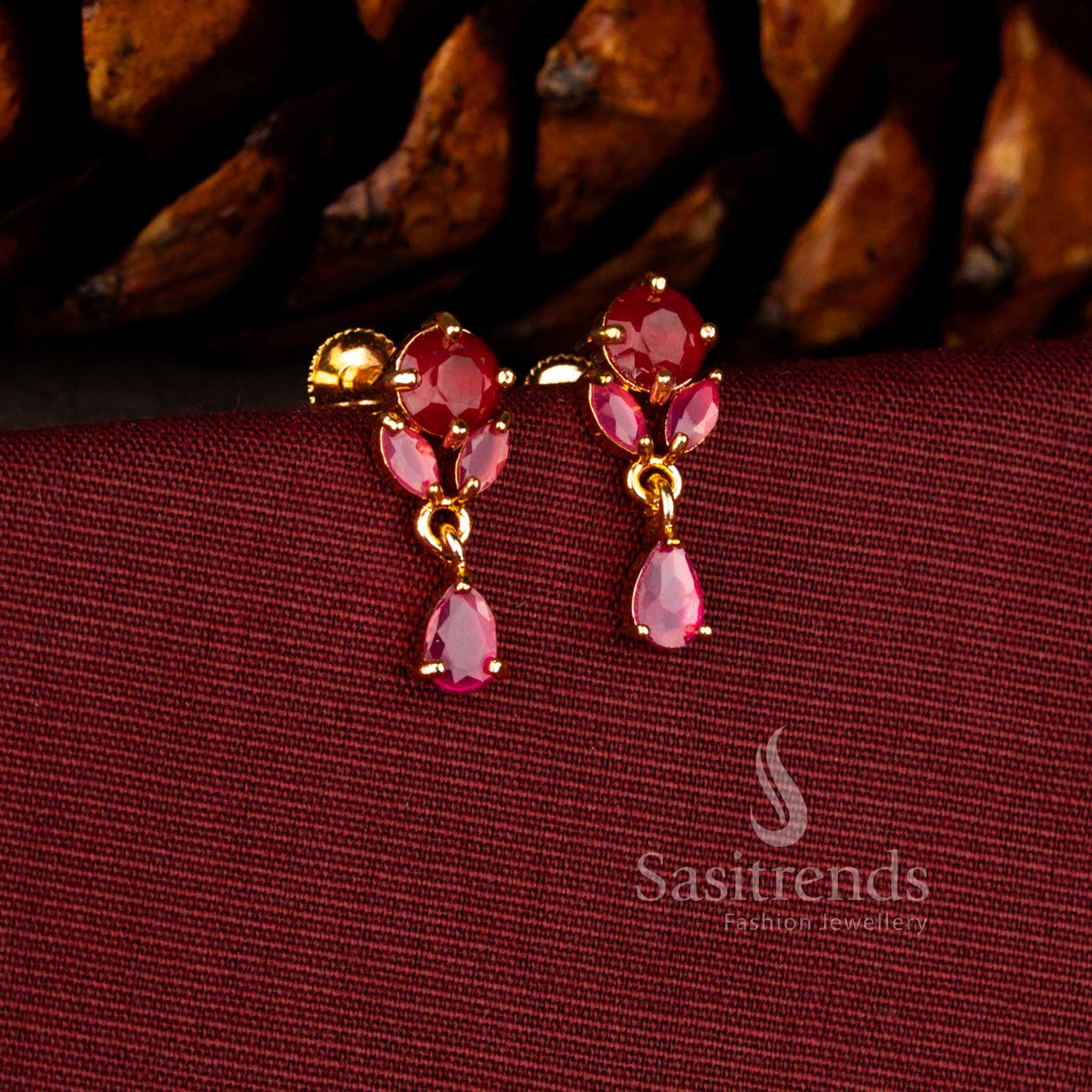 Regal 24K micro gold earrings in ruby showcasing floral round AD cluster with brilliant cut teardrop sparkle – Sasitrends