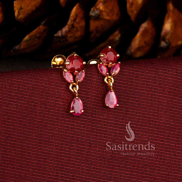 Regal 24K micro gold earrings in ruby showcasing floral round AD cluster with brilliant cut teardrop sparkle – Sasitrends